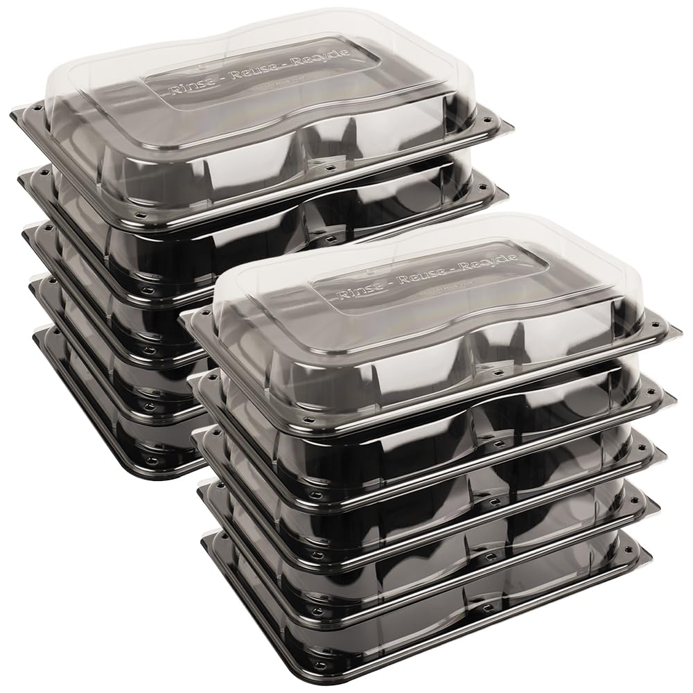 Delisupplies Clear Lid Black Base 10 X Ultimate Large Sandwich Platter With Lid, Unique Press Stud Secure Closing, Rectangle Food, Cake, Tray Set Black Base Clear Lid Serving Platters For Buffet, Catering, 460 X 310Mm