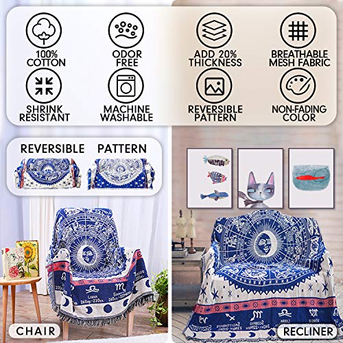 Maynest Boho Woven Throw Blanket Reversible Cotton Bohemian Tapestry Hippie Room Decor Witchy Astrology Zodiac Celestial Constellation Carpet Bed Chair Couch Sofa Cover Double Sided (Blue, S: 71X51) #TOP1
