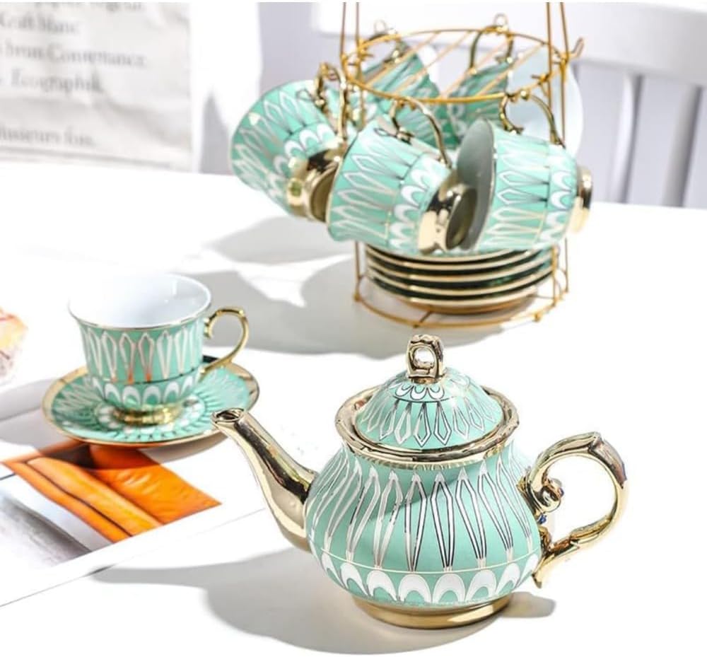 KQQK茶英国磁器マグカップ付きセラミックとティーソーサー大人のためのセラミックセットサービスアフタヌーンティー (グリーン)