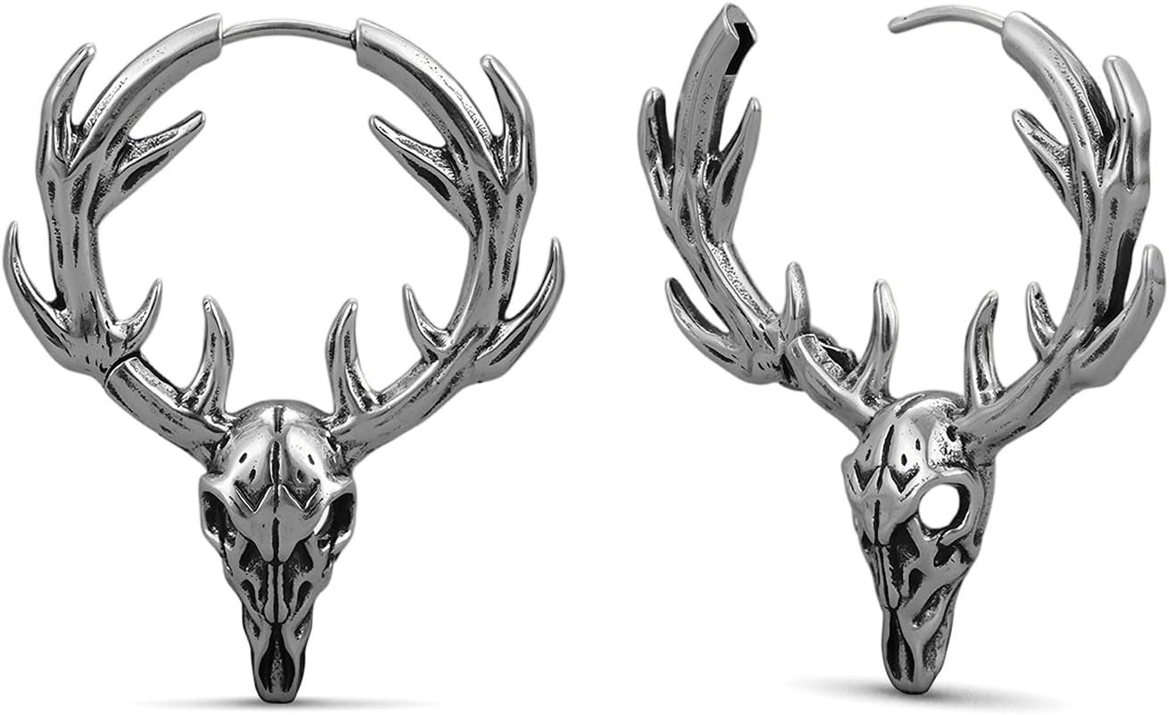 PUNKYOUTH Gothic Stag Skull Earrings 18G Antler Deer Drop Hoop Earrings for Women Men Christmas Punk Style Alternative Earring Jewelry with 925 Silver Post