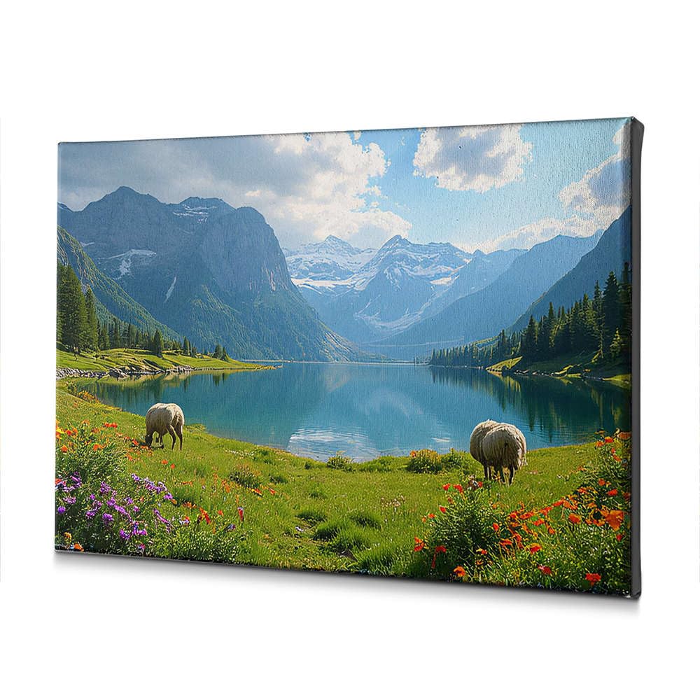 DRPZ Lienzo decorativo rústico para decoración del hogar con ovejas pastando junto a un lago sereno rodeado de montañas (30 x 40 cm)