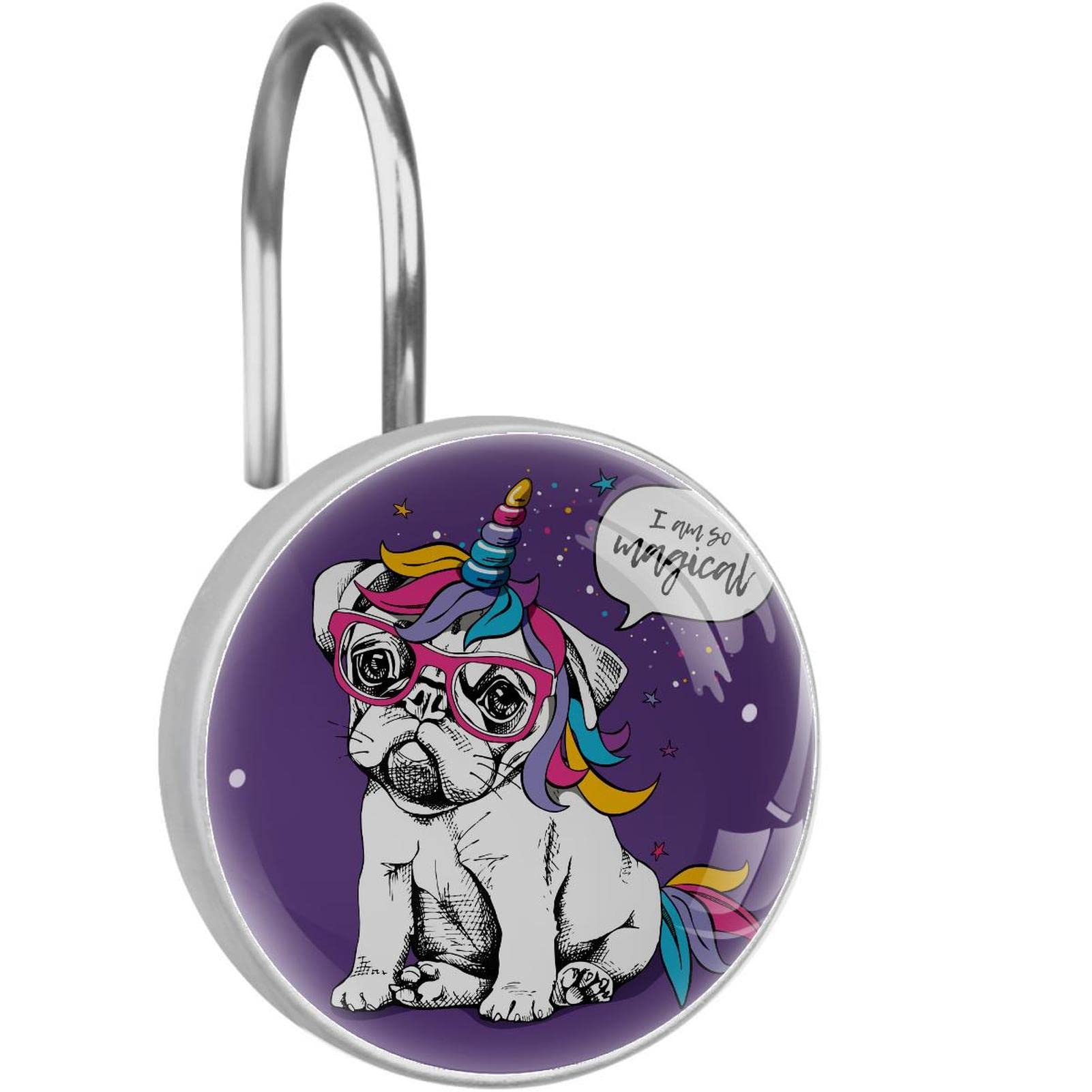 Crochets de rideau de douche salle de bain violet motifs mignons carlin licorne acier inoxydable