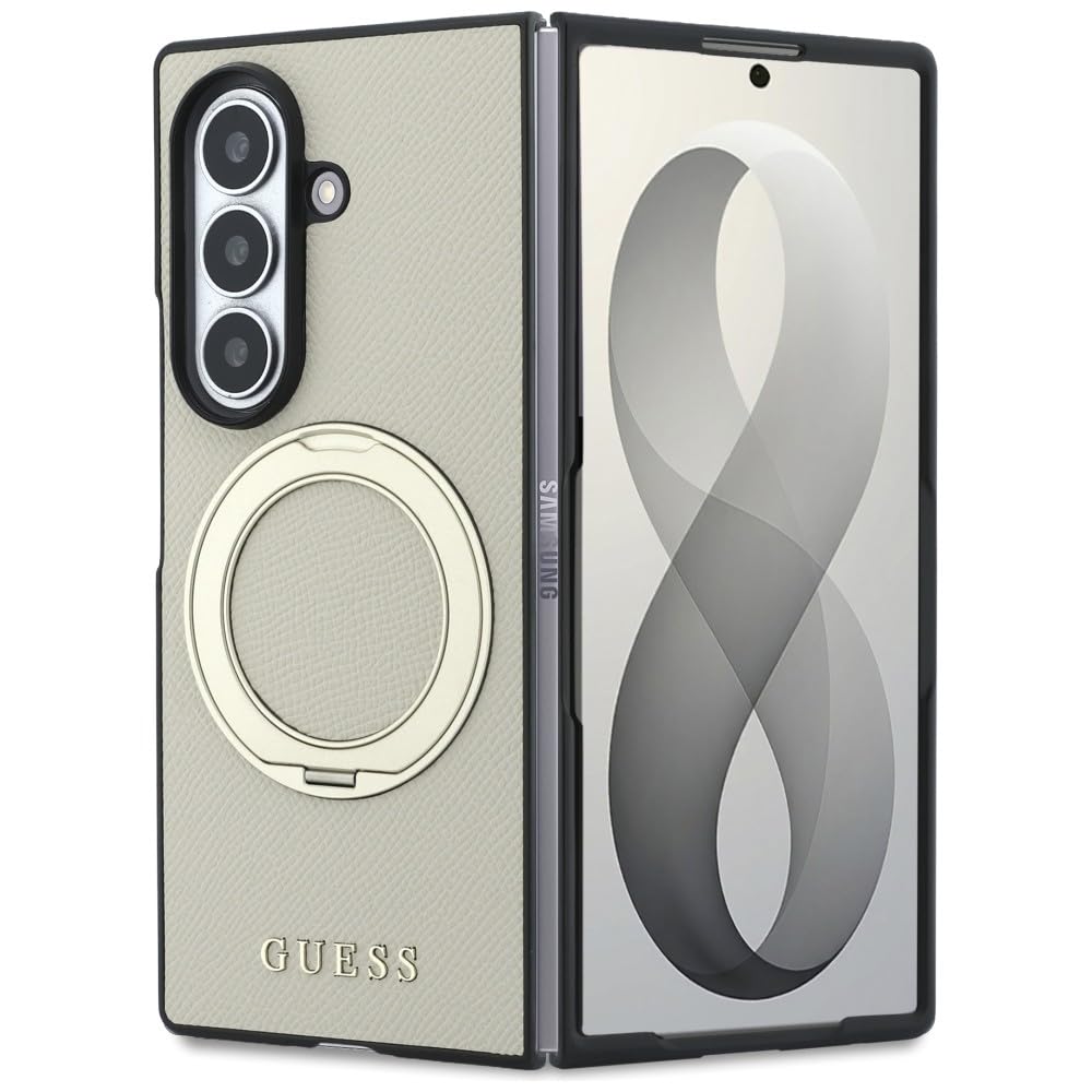 CG MOBILE Guess - Supporto magnetico ad anello con logo classico granulato, compatibile con custodia MagSafe per Samsung Galaxy Z Flip8 (beige)