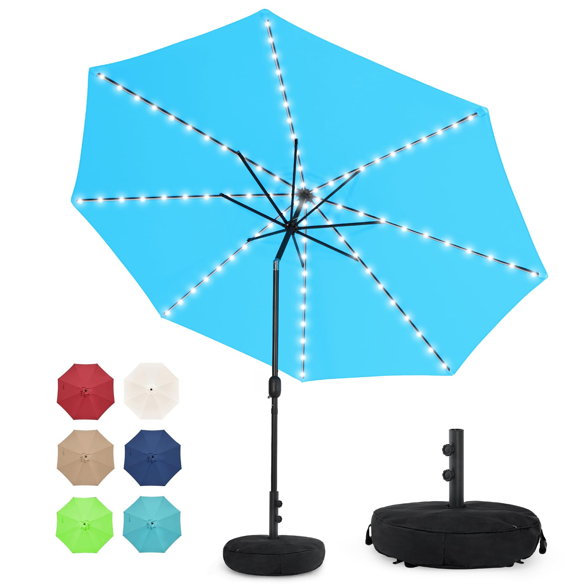 Sundale Outdoor Solar 88 LED 10 ft Patio Umbrella with Sand Bag Umbrella Base, Outdoor Umbrella with Tilt and Crank, Sky Blue