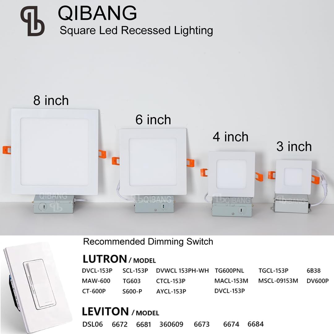 Square Led Recessed Light 8 inch Dimmable with Junction Box,3CCT 3000K/4000K/6000K Selectable,1600LM CRI90+18W Ultra-Thin led recessed Light Square Canless Downlight High Brightness,1 Pack