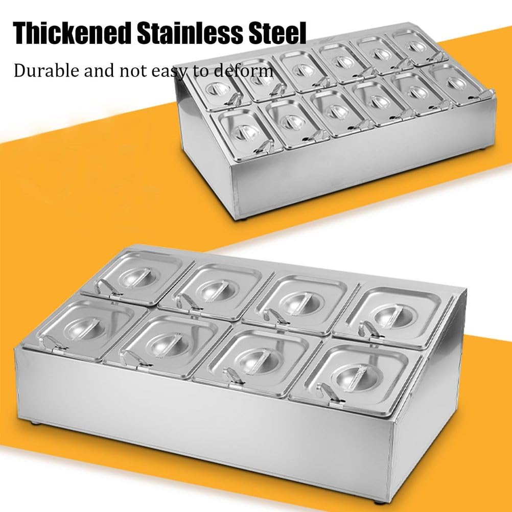 Estación De Ingredientes para Pizza con Bandejas Y Tapas,Dispensador Inclinado De Acero Inoxidable para Mostrador, Especiero, Estante para Condimentos,1/6,Dual 8Grid
