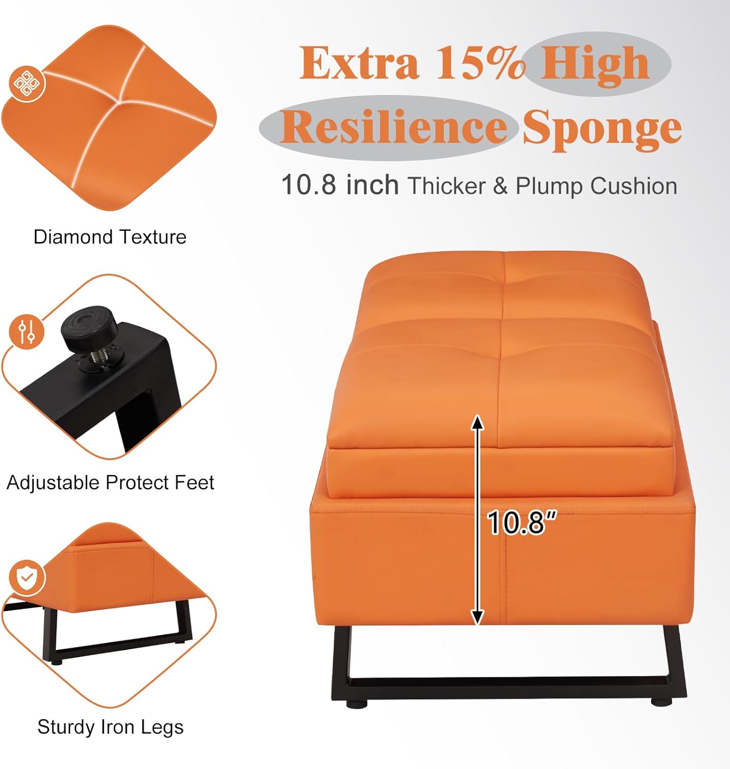 Kinpaw Entryway Leather Bench Waiting Room Chairs - Orange End of Bed Bench for Bedroom, Living Room, Hallway, Salon, Entry Way, Indoor Shoe Bench with Cushion