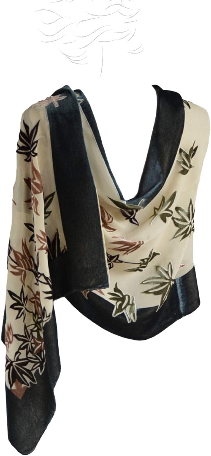 Silk Base Burn-out Velvet Shawl, 72" L x 21" W, Maple Leaf, Green-Brown Velvet on Beige Silk