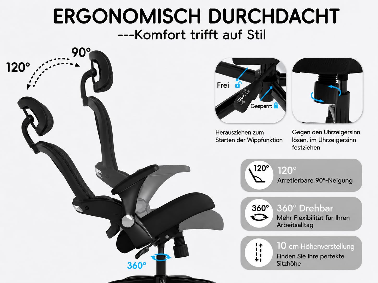 TRALT Ergonomiczne krzesło biurowe, z regulowanym zagłówkiem, krzesło biurowe z regulacją wysokości, krzesło gamingowe, ergonomiczne krzesło biurowe, 150 kg, na długi czas, kolor czarny