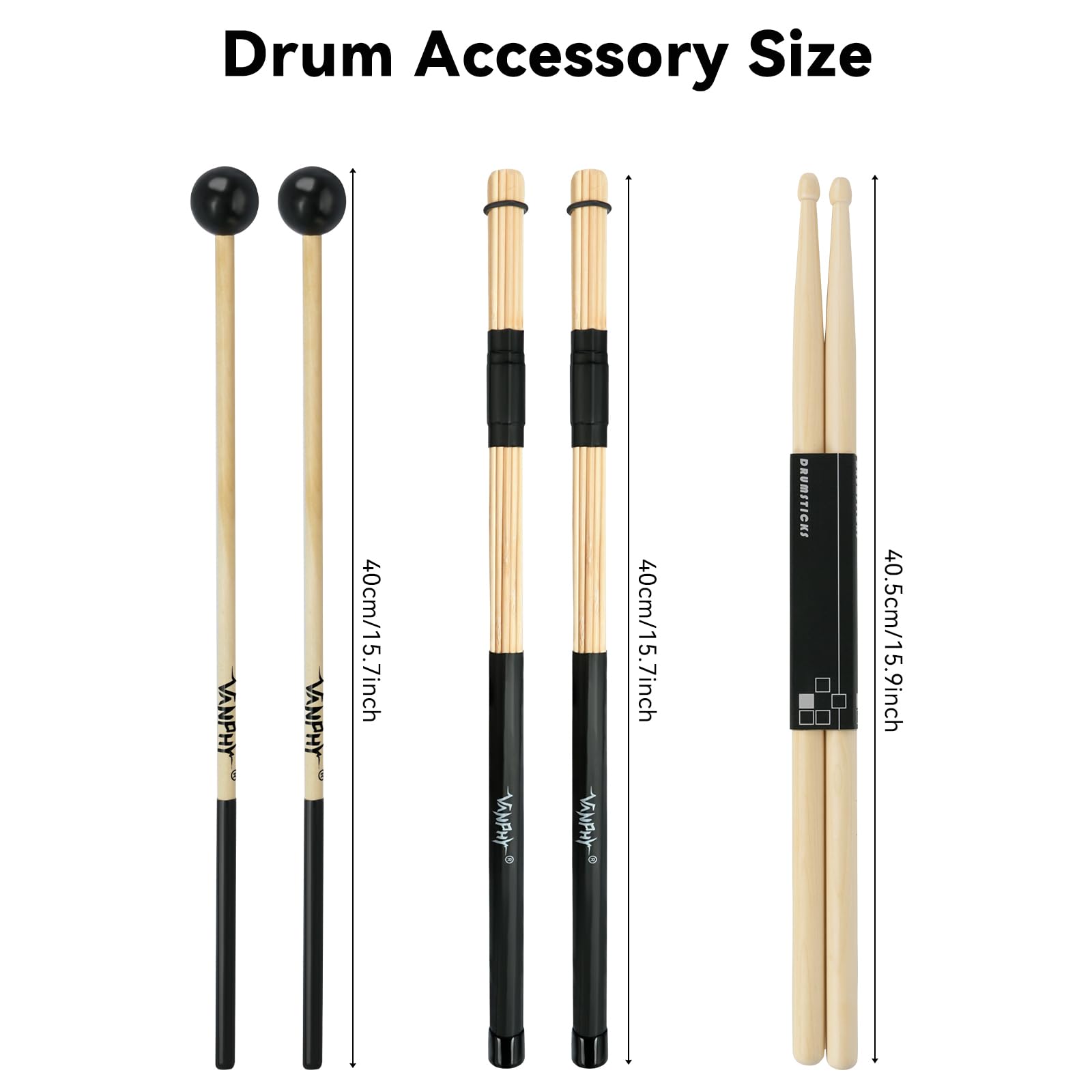 Il set include 5 paia di bacchette per batteria, set di pennelli con custodia portatile, accessori per strumenti a percussione, per esercitazioni di batteristi acustici, rock band, studenti