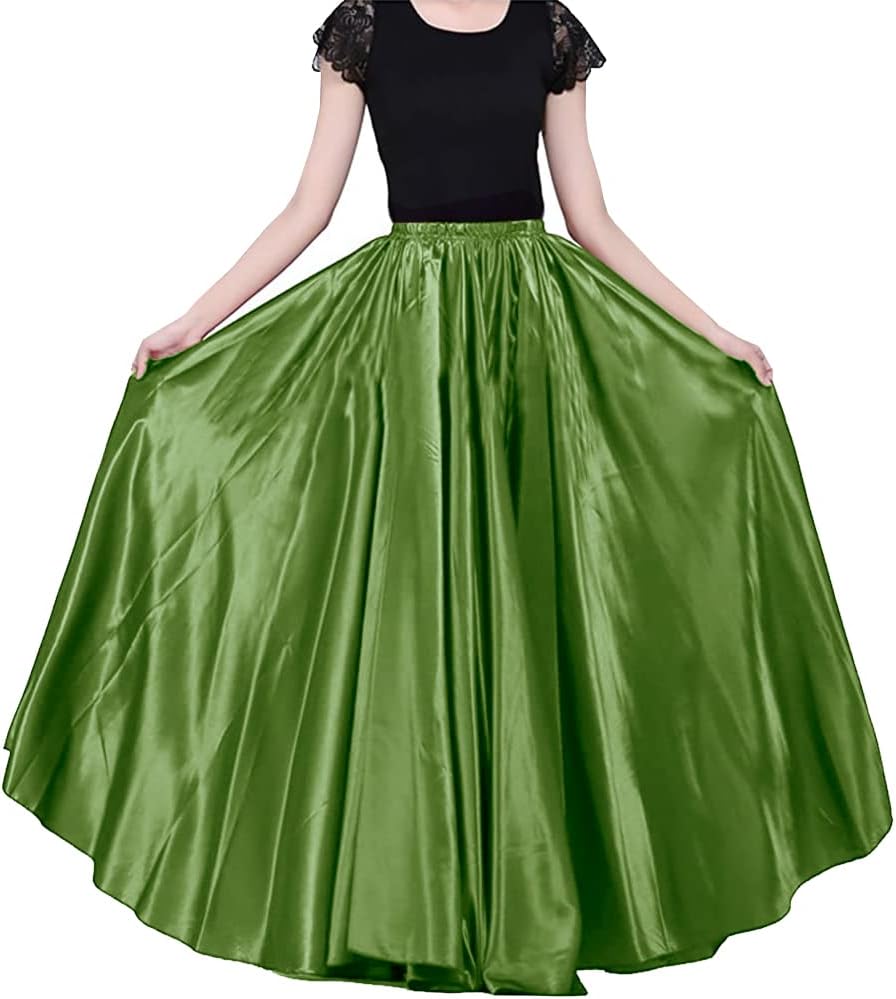 Ladies 90cm Satin Maxi Midi Skirt Long Dress Elastic Waist for Belly Dance Princess Party Cosplay Costume