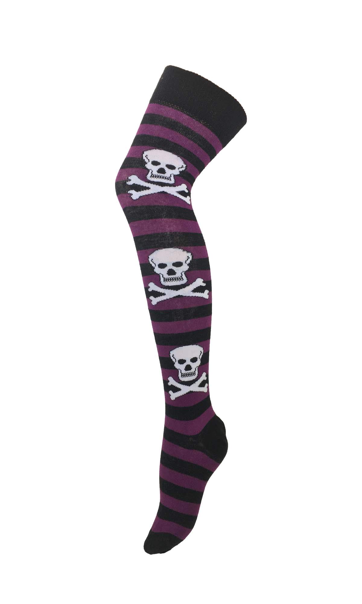 M Macahel Women's Purple Girls Striped Stripy Comfy Knitted Over The Knee Crossbone Skull Cotton Rich Socks Spooky Pattern Hallowen Gothic Design For Costume Party (Purple)
