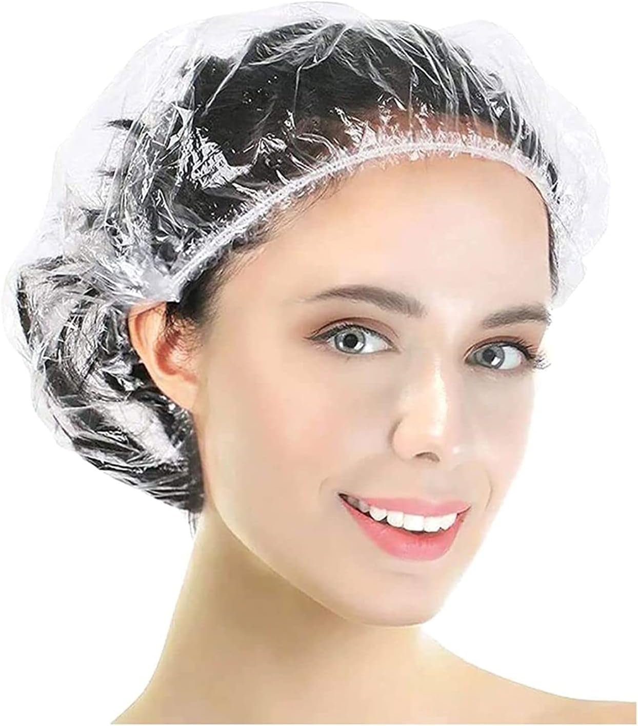 30PCS Disposable Shower Caps + 60PCS Clear Ear Protectors, Individually Wrapped Larger and Thicker Plastic Caps, Waterproof Ear Covers for Home, Hotel(Transparent)