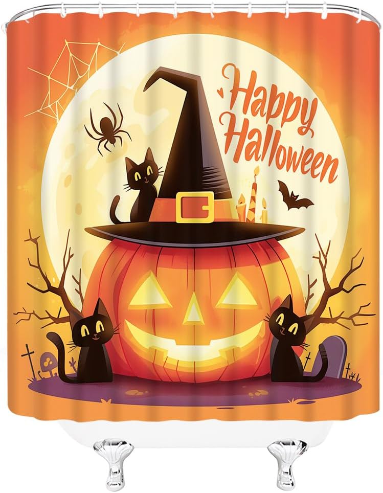 Happy Halloween Shower Curtain Horror Pumpkin Cute Cartoon Black Cat Full Moon Bat Spider Web Tree Gothic Theme Animal Bathroom Decor Polyester Fabric Curtains with Hook 80Wx70H Inches