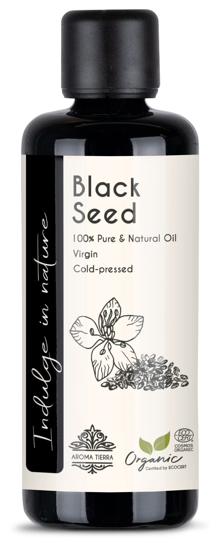 Aroma Tierra Organic Black Seed Oil (Nigella sativa) 100ml - 100% Pure, Cold Pressed, Food Grade, Unrefined & Natural - For Hair & Scalp, Skin & Face, Massage & Wellness