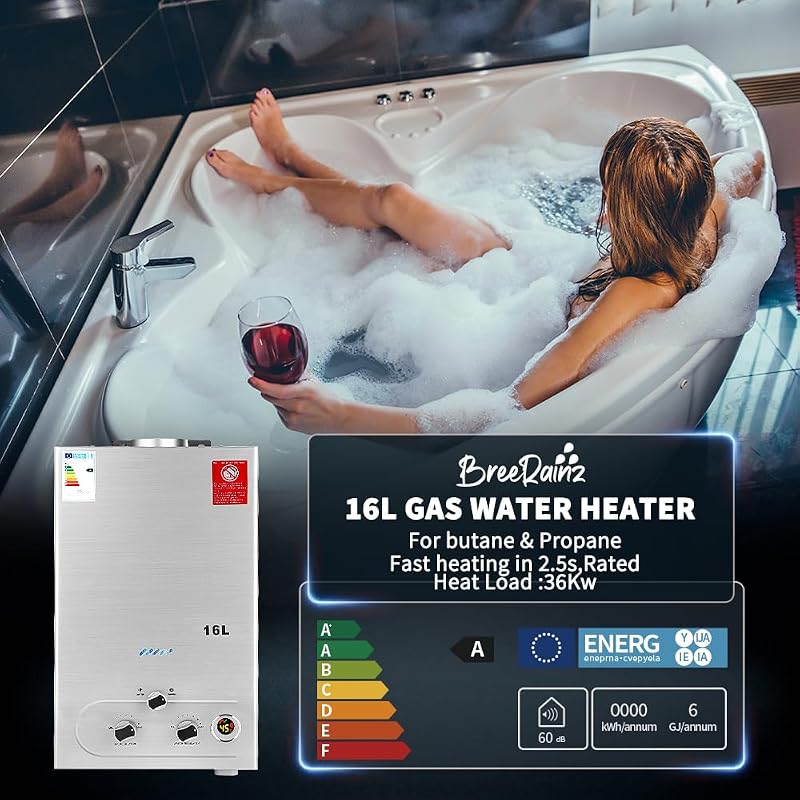 BreeRainz 16L Gázüzemű Pillanatvízmelegítő 32KW LPG Propán Bután Zuhanyfejjel