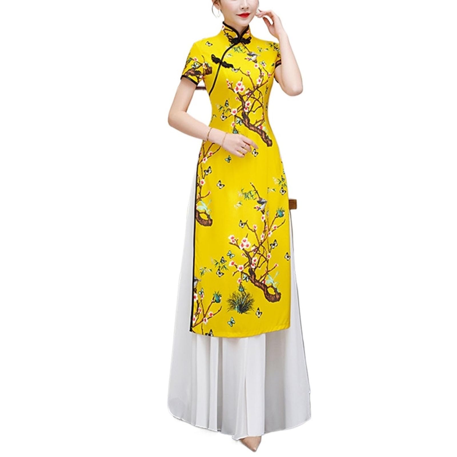 Sxtyyh Unisex Yellow Ao Dai Vietnamese Chinese Traditional Dress Fashion Long Chinese Costume For Women Qipao Print Cheongsam Dress(,3Xl)