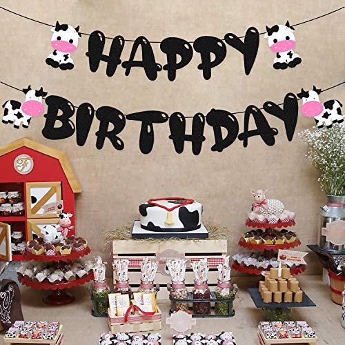 Cow Birthday Banner Happy Birthday Sign Garland For Kids Boy Girl’s Cow Farm Zoo Animal Themed First 2Nd 3Rd Bday Party Supplies Glitter Black Decorations #TOP6