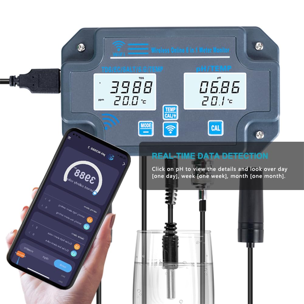 Tester digitale di qualità dell'acqua, montaggio a parete, analizzatore dell'acqua 6 in 1, PH/EC/TDS/SALT/S.G./temperatura, monitoraggio remoto APP, notifica di allarme per acqua potabile,