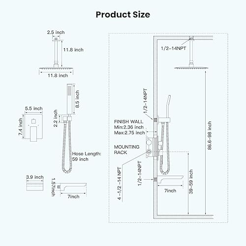 Miniatura 6 de gotonovo Juego de grifo de ducha mezclador de lluvia con boquilla de cascada, sistema de ducha de lluvia, montaje en techo, cabezal de ducha con