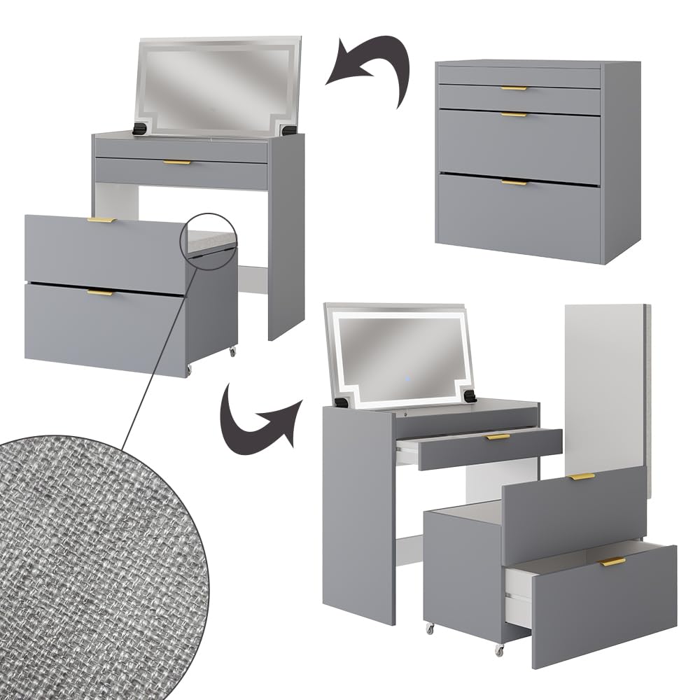 Vicco Schminkkommode Wanja, Grau, 80 cm | mit Bank und LED Spiegel, nutzbar als Schminktisch und Schreibtisch mit drehbarem Hocker