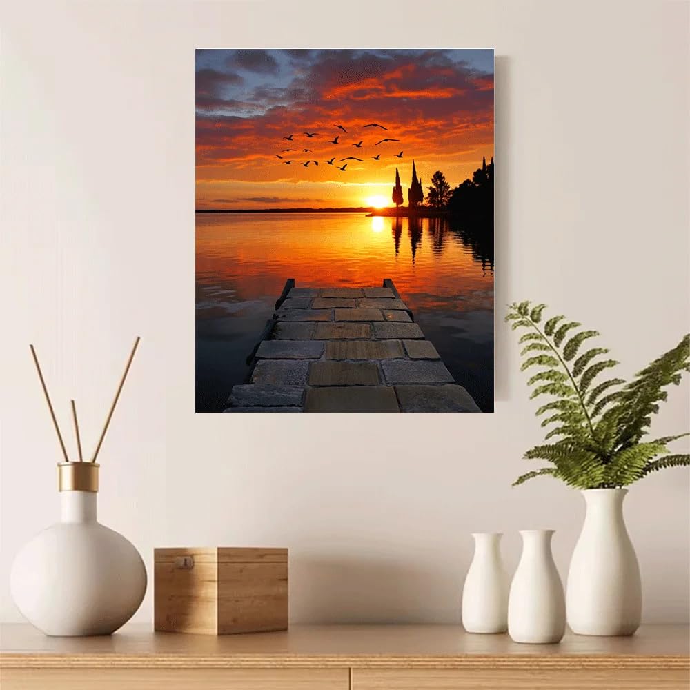 GKUVBF Toile imprimée « Coucher de soleil sur le quai du lac », oiseaux, ciel, reflets sur l'eau, paysage naturel pour la décoration du salon (60 x 80 cm/cadre intérieur)