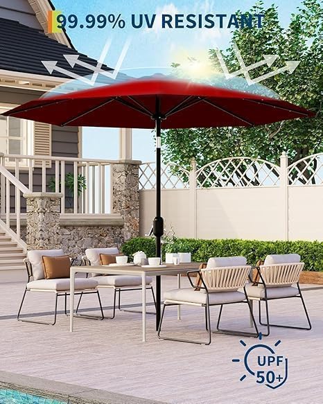 10FT Outdoor Patio Umbrella with 8 Sturdy Ribs, Solar Powered LED Lighted Table Umbrella with Push Button Tilt and Crank, UV Protection Waterproof for Garden, Deck, Backyard, Pool (Brown)