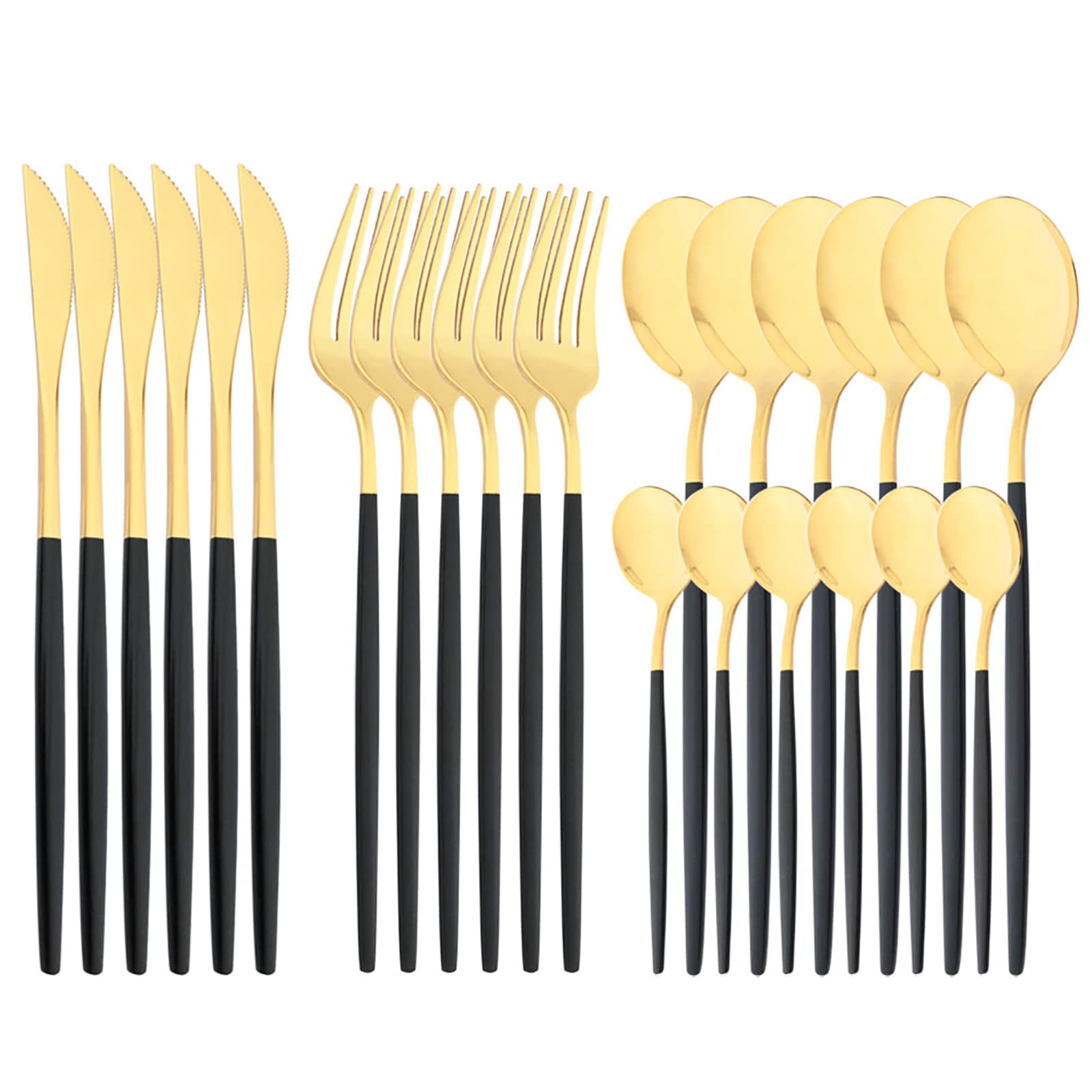 Set di posate a specchio, 24 pezzi in acciaio inox 18/0, con manico nero, semplice e moderno, per casa, feste, ristoranti, cene di Natale, servizio per 6 (oro nero)