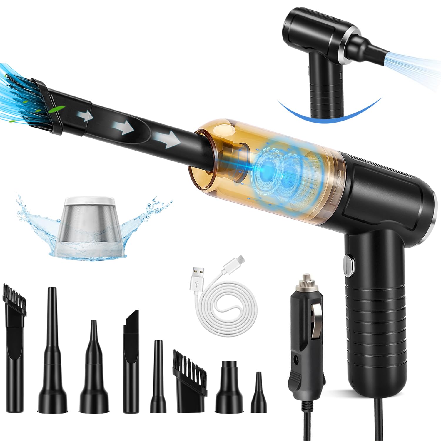 2024 Letzte Version Autostaubsauger, 25000pa Kabellos Handstaubsauger Akku,Mini Staubsauger 12V DC 2.05 M Kabel für ZigarettenanzüNder 6000mAh Handsauger Nass & Trocken für Den Auto Haus