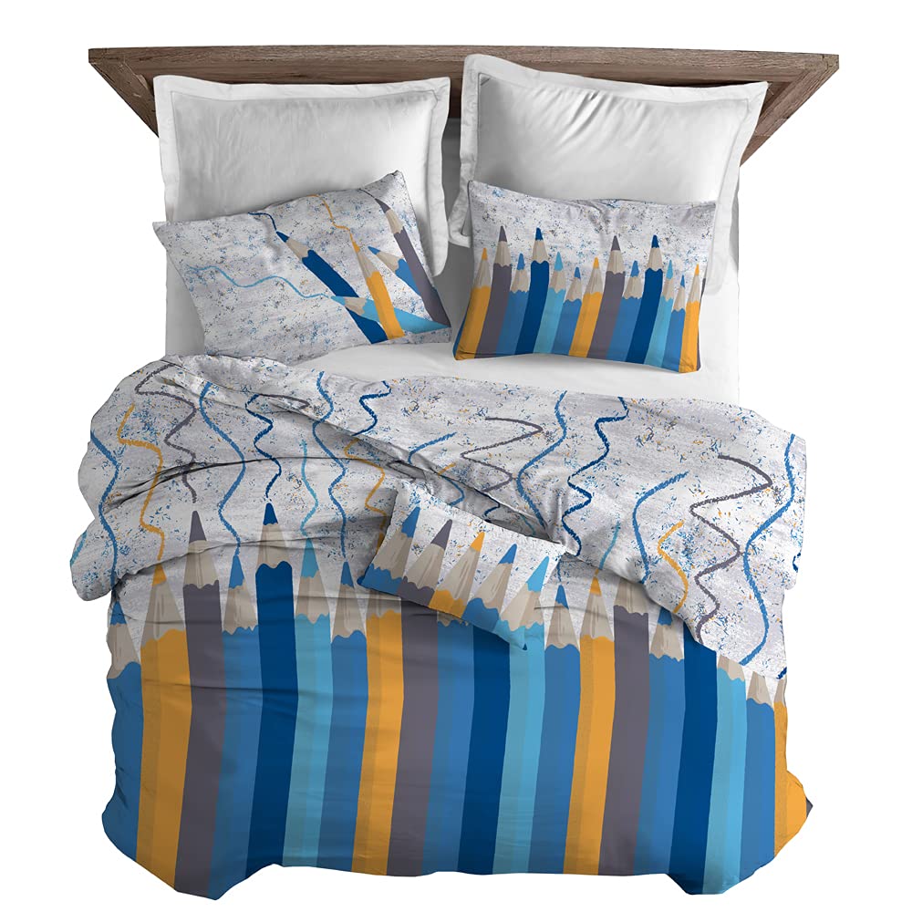 IlGruppone Passione Casa Parure copripiumino made in Italy 100% cotone con stampa sacco e federe, singolo o matrimoniale, parure letto (Matite Blu, Singolo)