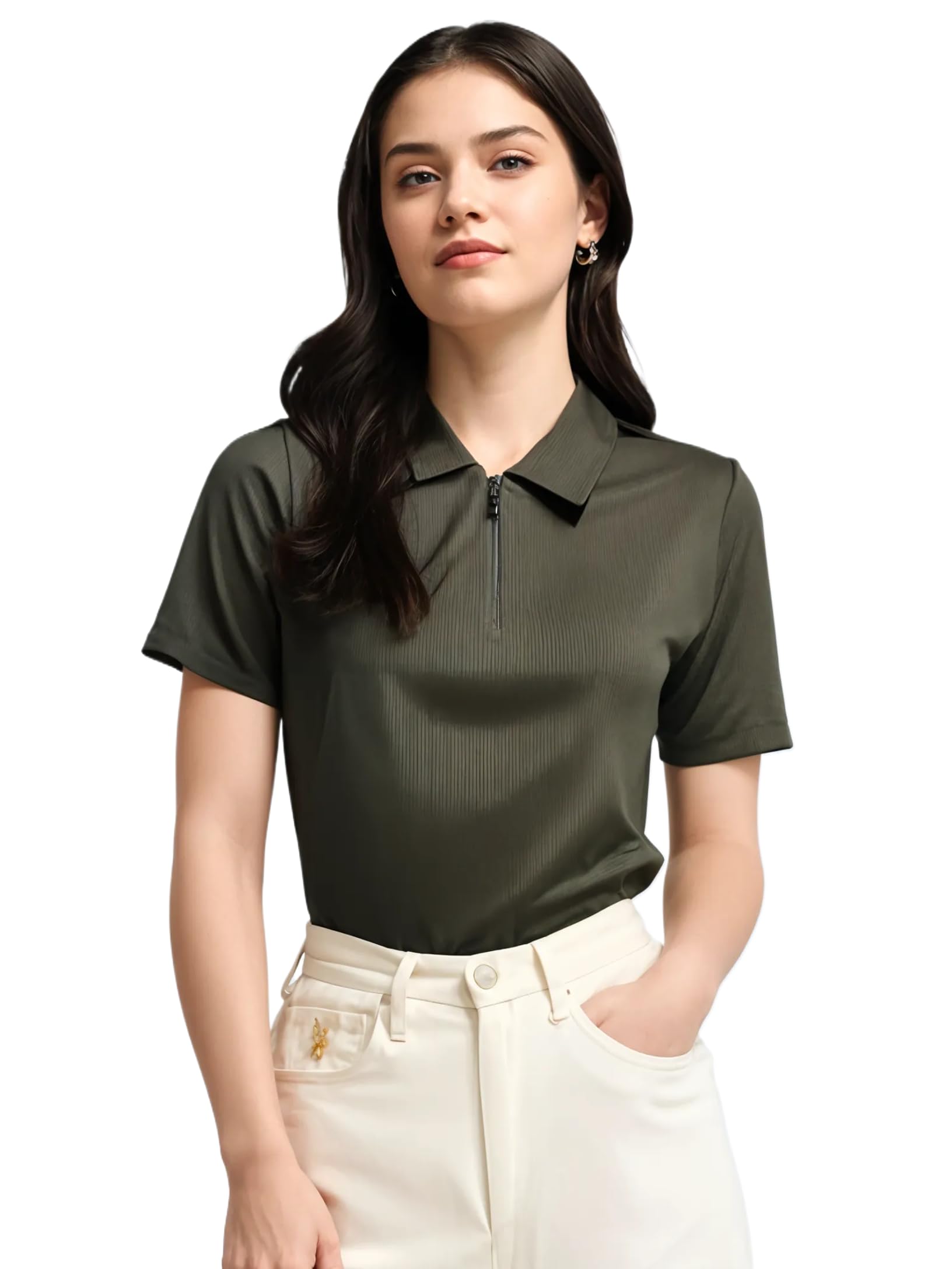 Ribbed |Regular Fit | Half Sleeves 100% Cotton Polo Neck Self Design with Zip T-Shirt for Women-M857-picture-22