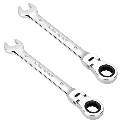 ABuff 2pcs 13MM Wrenches Set, Dual-Use Open End CRV72 Ratcheting Wrench Set, Combination Flex Head Wrench, Silver Metric Wretched Ratchet Set, Durable 180 Degree Swivel Ratchet Wrench