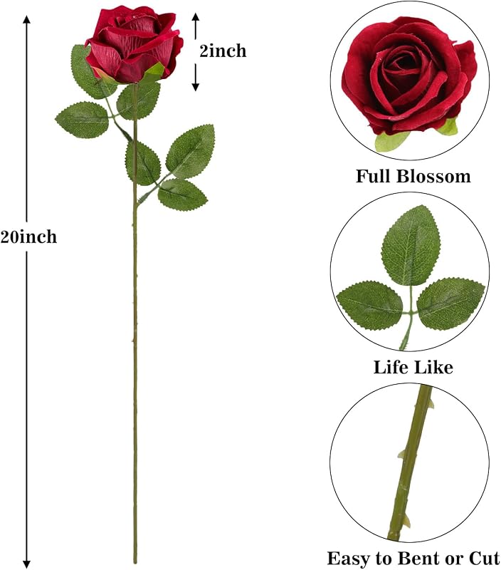N&T NIETING Élethű Selyem Rózsák - 10 db Sötétvörös Művirág Hosszú Szárral (51 cm) - Esküvői Dekoráció, Lakberendezés, Ajándék