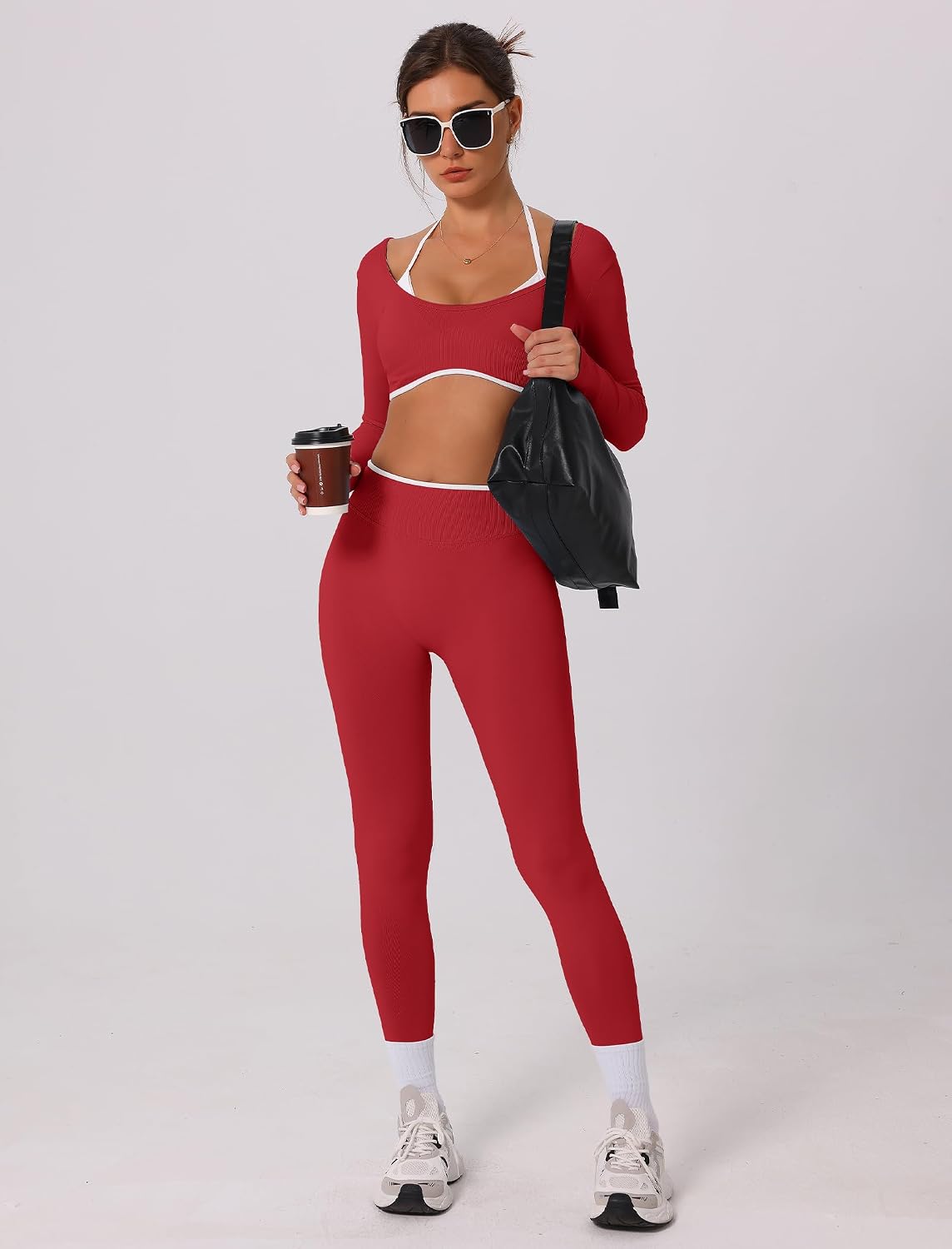 AGYMNX 2 Piece Workout Sets for Women Contrast Panel Long Sleeve Halter Crop Top and High Waist Leggings Jogger Outfits