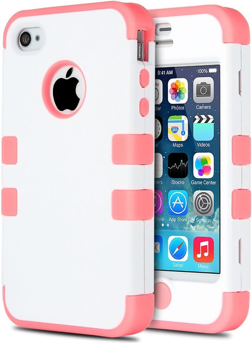 ULAK iPhone 4 Case,iPhone 4S Case, Hybrid Three Layer Full Body Protective Case with Soft Silicone and Hard Plastic for iPhone 4/4S (White + Water Red)