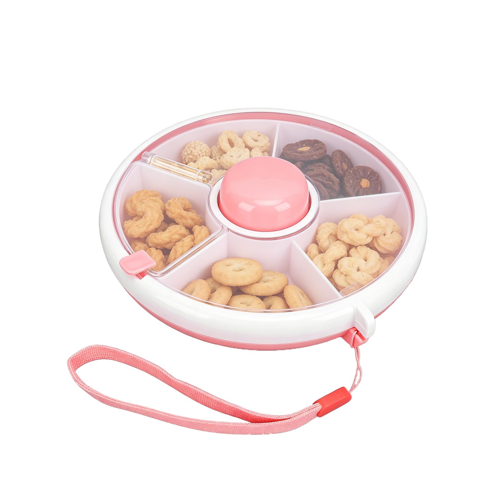 Contenitore per snack girevole per bambini, sigillo per frutta portatile sigillato a 5 scomparti con vassoio per snack con cinturino da mano per viaggi per adulti Viaggio a casa per bambini(Rosa)