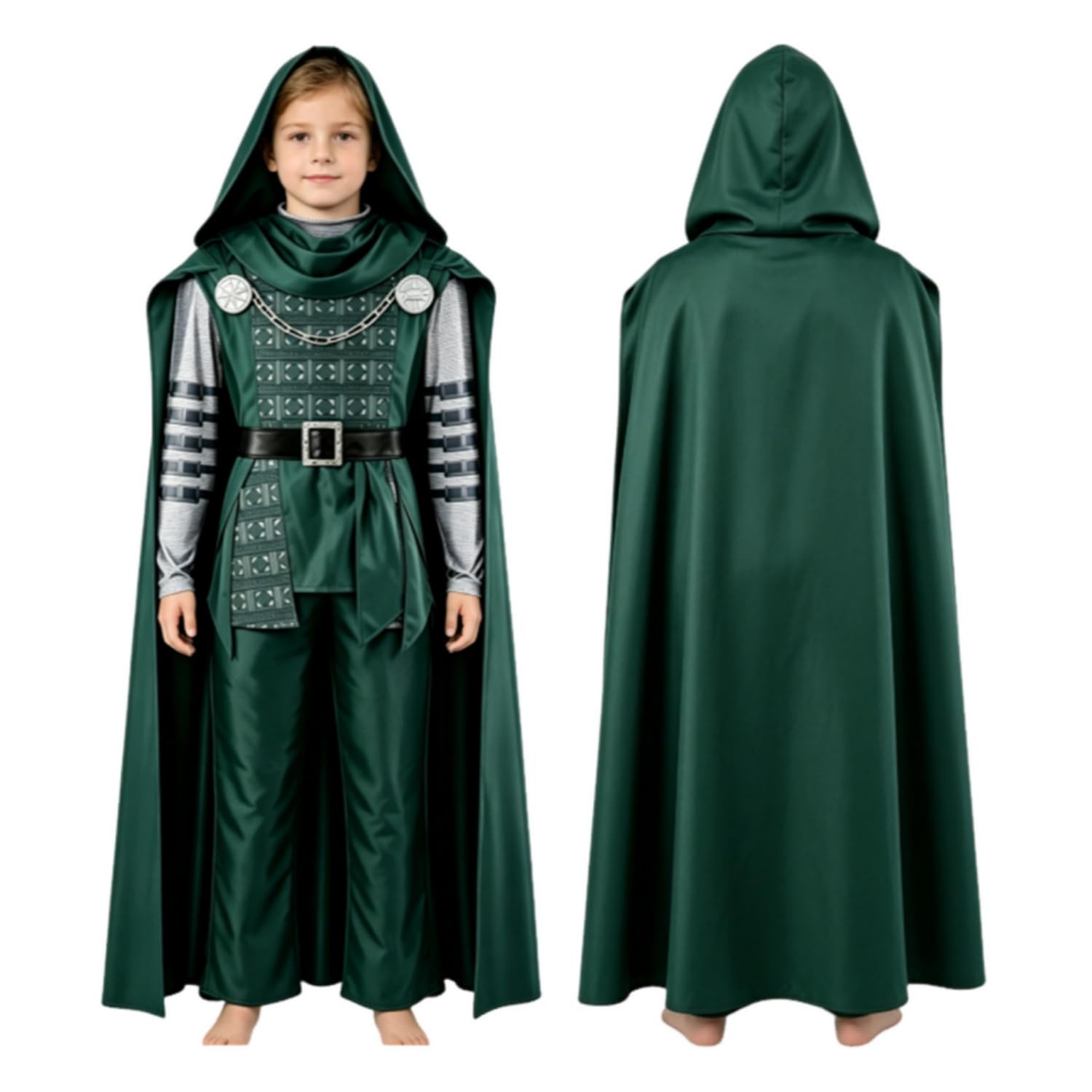 Doctor Doom Costume Cosplay Cloak Belt Top Pants Chain Halloween Outfit Green 140