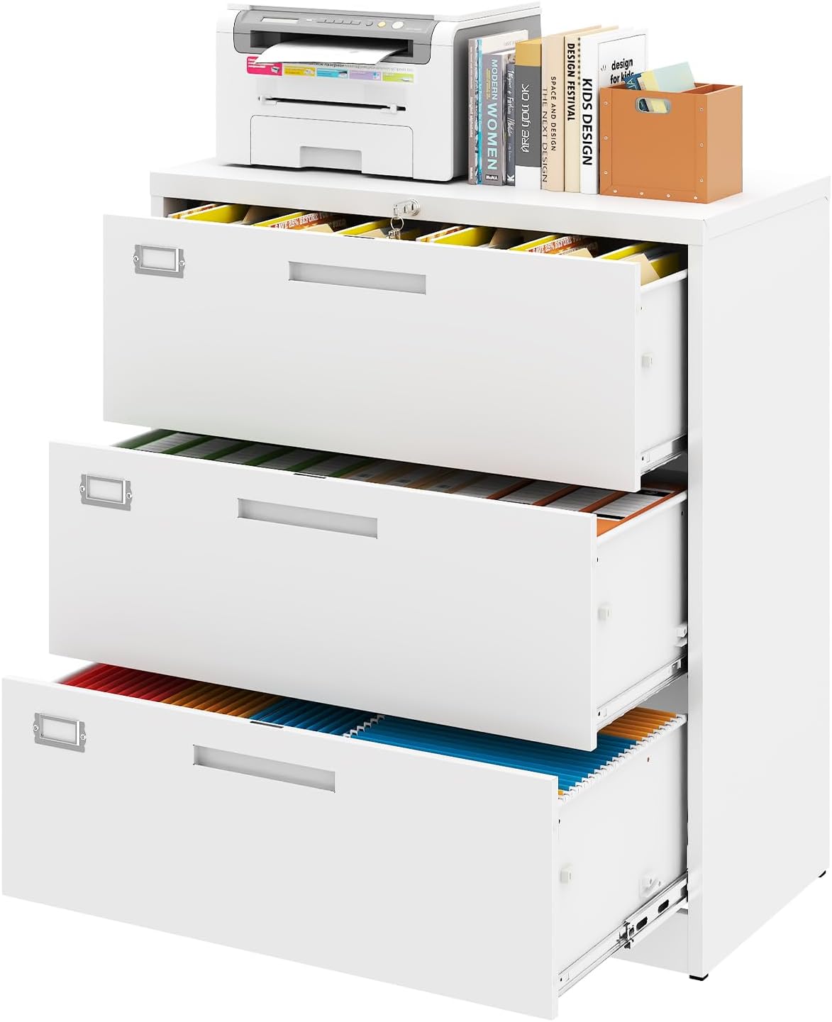 Metal 3 Drawer Lateral File Cabinet with Lock, Wide&Deep Filing Cabinet for Letter/Legal/F4/A4 Hanging Files, Includes Business Card Holder, Home Office School Storage