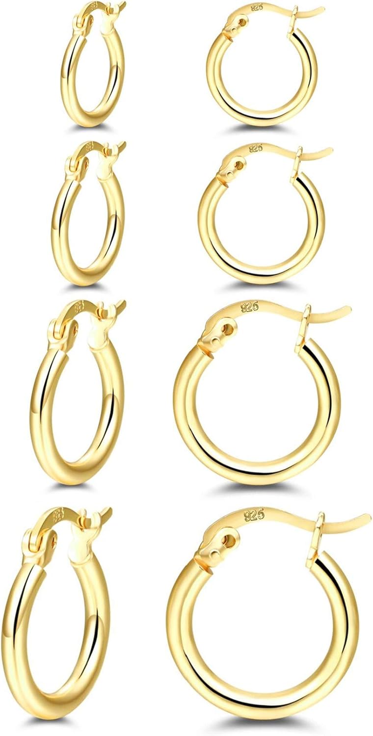 14K Gold Plated Hoop Earrings for Women, 4 Pairs Sterling Silver Post Small Hoops, Gold Huggie Earrings Set for Women Men (13mm 15mm 20mm 25mm)
