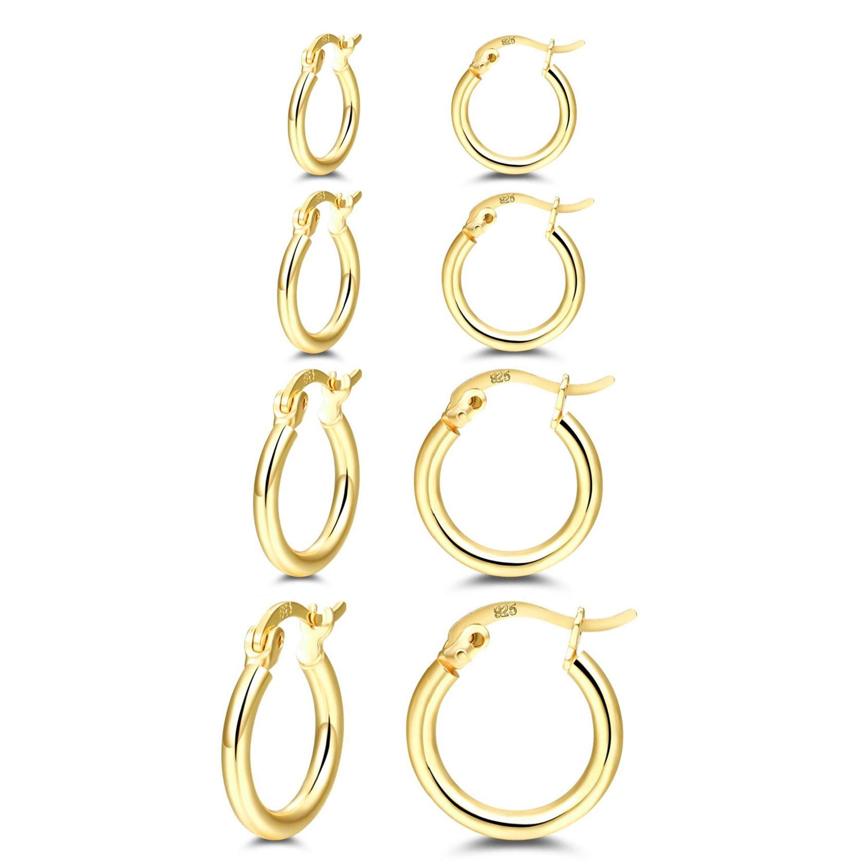 14K Gold Plated Hoop Earrings for Women, 4 Pairs Sterling Silver Post Small Hoops, Gold Huggie Earrings Set for Women Men (13mm 15mm 20mm 25mm)