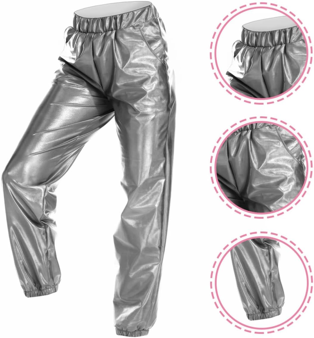 Women’s 80s Themed Metallic Disco Pants with Elasticated Waistband, Breathable Polyester Spandex Long Trousers for Dance, Travel, and Casual Wear