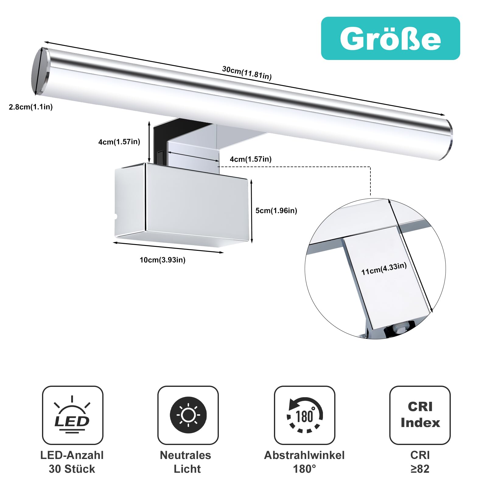 Lampa lustra łazienkowego, lustro łazienkowe led 557-30 chrom 11,8 cala 30 cm, 5 W, 4000 K, lustro łazienkowe oświetlenie szafki lustro, IP44, srebrne lustro led