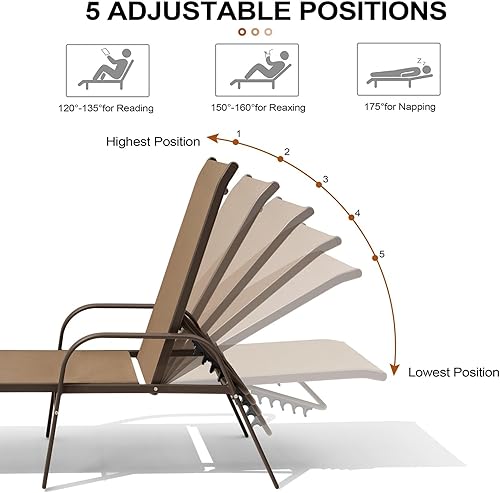 Miniatura 4 de Crestlive Products Tumbona para exteriores con reposabrazos, juego de 2, sillas de piscina ajustables de aluminio de 5 posiciones para patio,