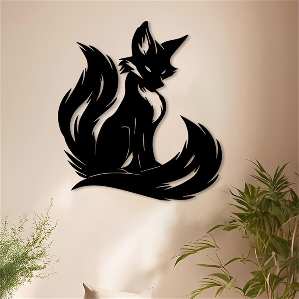 Decoración de pared abstracta contemporánea de metal, elegante arte de zorro, escultura rústica de silueta con cola curva para sala de estar, dormitorio o jardín exterior (40 cm/16 pulgadas).
