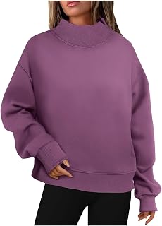 KEXIMIXUE Ladies Coats Camping Pretty Cutout Sweaters Holiday Long Sleeves Cool Loos Sweater Smocked Solid Turtleneck Sweatshrit