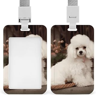Sliding French Poodle Id Badge Holder with Breakaway Lanyard | Vertical Name Tag, Clear Front Window, Push Slide, Card Protector, Gift for Nurse Doctor Teacher Work Office Staff Supplies