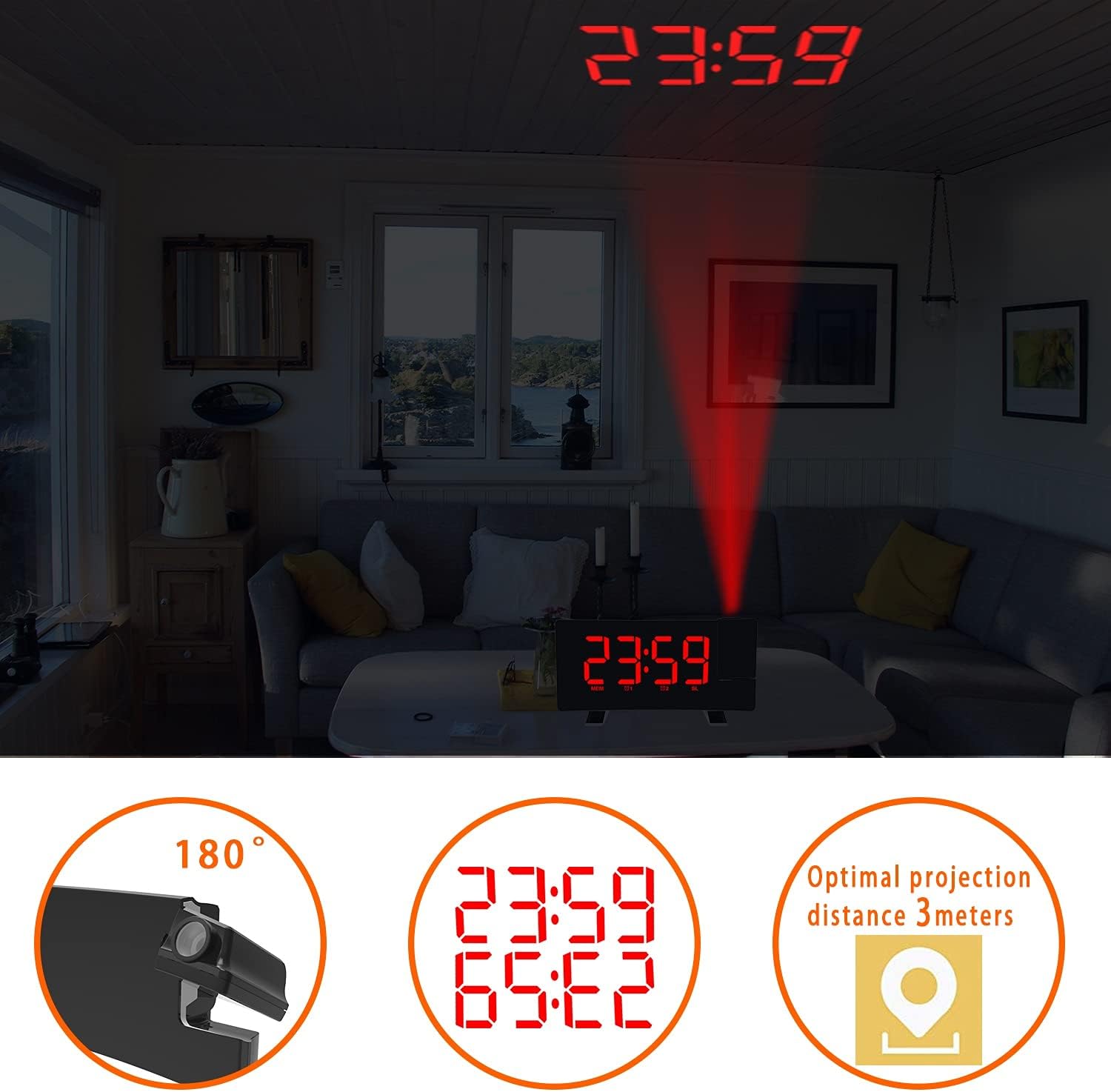 Projection Alarm Clocks for Bedrooms with Radio, 8” Curved Screen LED Digital Clock Large Display, USB Charging Port, Auto Dimmer, Snooze, Dual Alarm Clock for Heavy Sleepers ( Color : Red Text )