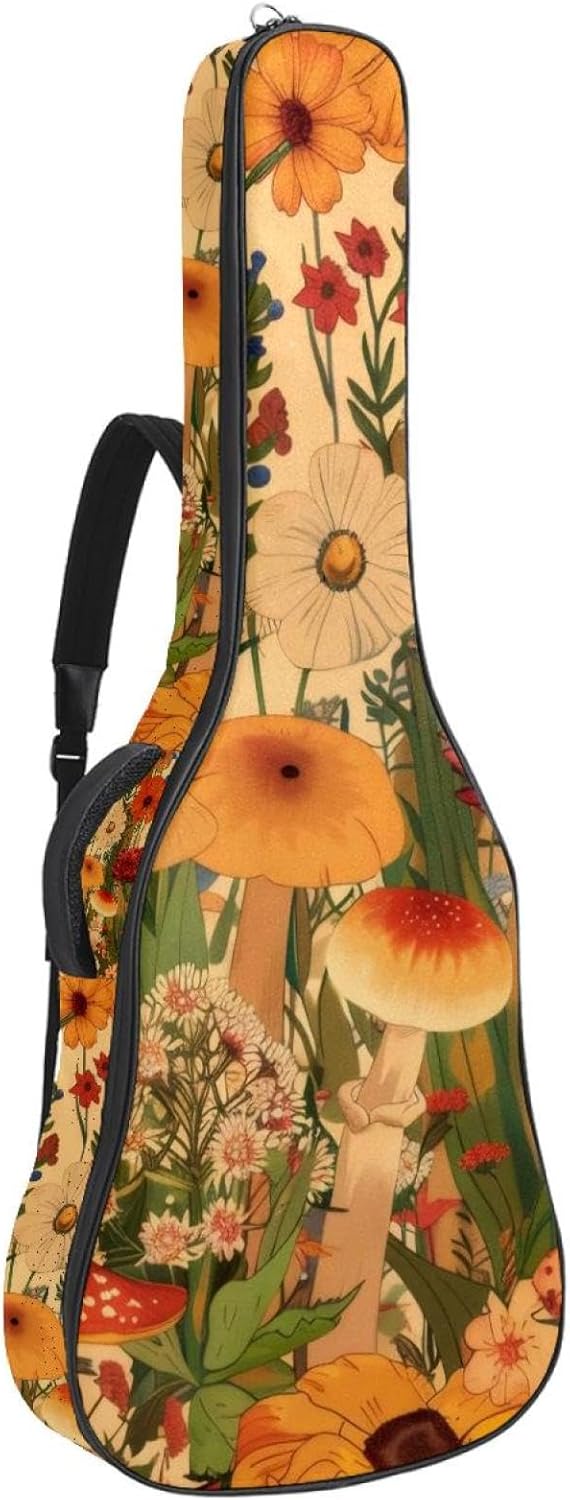 Acoustic Guitar Gig Bag 1 cm Thick Padding, Waterproof Electric Guitar Bag 40-42 Inch Guitar Case Backpack with Dual Shoulder Strap, Mushroom Vintage Beige Colorful Flowers