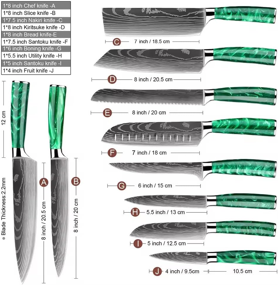 10 Pcs Japanese Damascus Steel Knife Set, 67 Layers VG10 Professional Chef Knives with Green Resin Handle & Japanese L-Shape Bolster, Includes Bread Cleaver Gyuto Santoku-Z