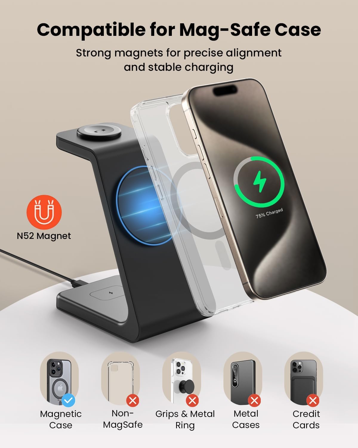 Magsafe Wireless Charging Station for iPhone: 3 in 1 15W Magnetic Portable Desktop Charging Station Qi2 Certified Charger Stand for iPhone17/16/15/14/13/12 Series, Apple Watch, AirPods 4/3/2/Pro